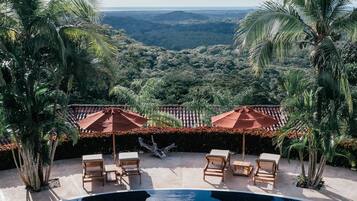 Una piscina con sillones de descanso y sombrillas, rodeada de palmeras y vistas al paisaje.