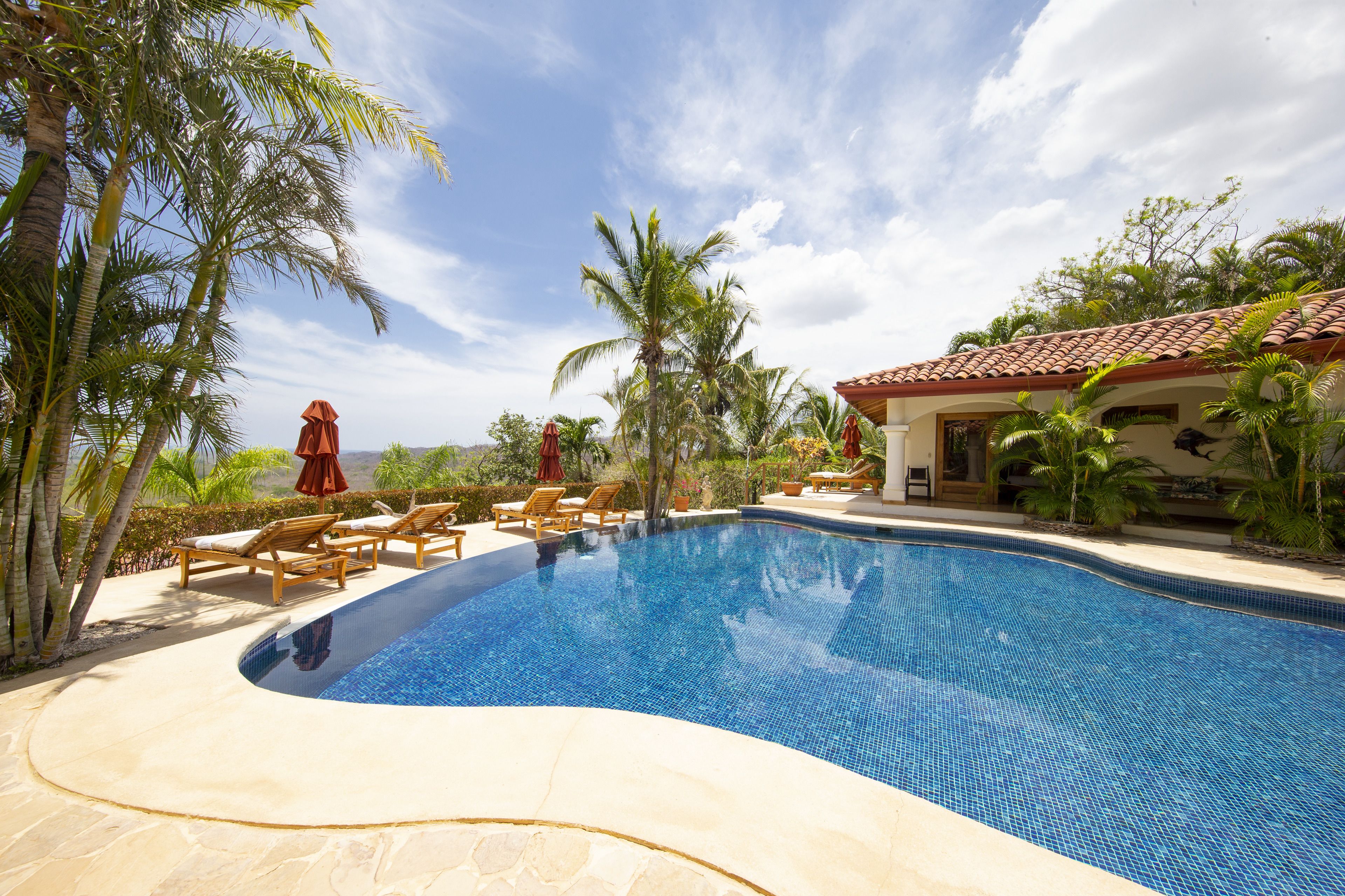 Kolam renang outdoor, dengan payung kolam renang dan kursi berjemur