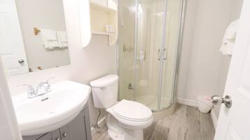 Un baño moderno con cabina de ducha de vidrio, un lavabo blanco y un inodoro.