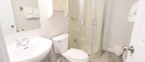 Un baño moderno con cabina de ducha de vidrio, un lavabo blanco y un inodoro.