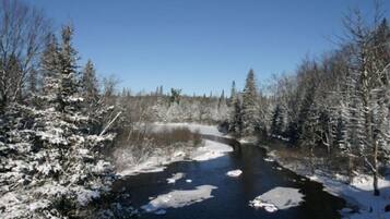 Un río rodeado de árboles cubiertos de nieve.