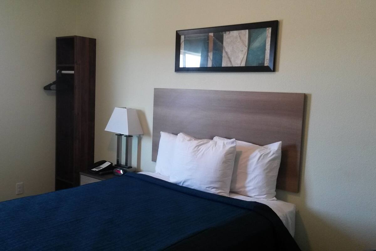 Quarto de hotel com uma cama, mesa de cabeceira com abajur, telefone e um quadro na parede.