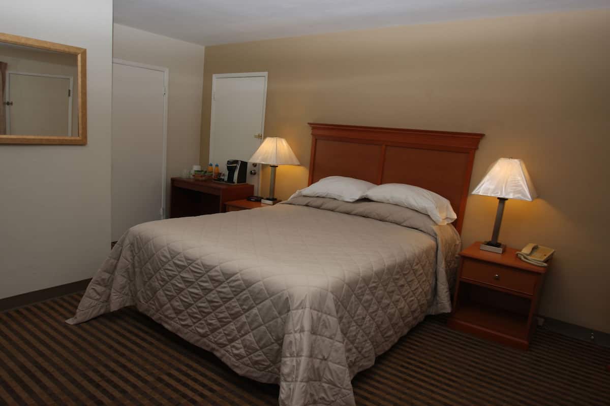 A hotel room with a large bed, two bedside tables, a nightstand, a lamp, a telephone, and a mirror on the wall.