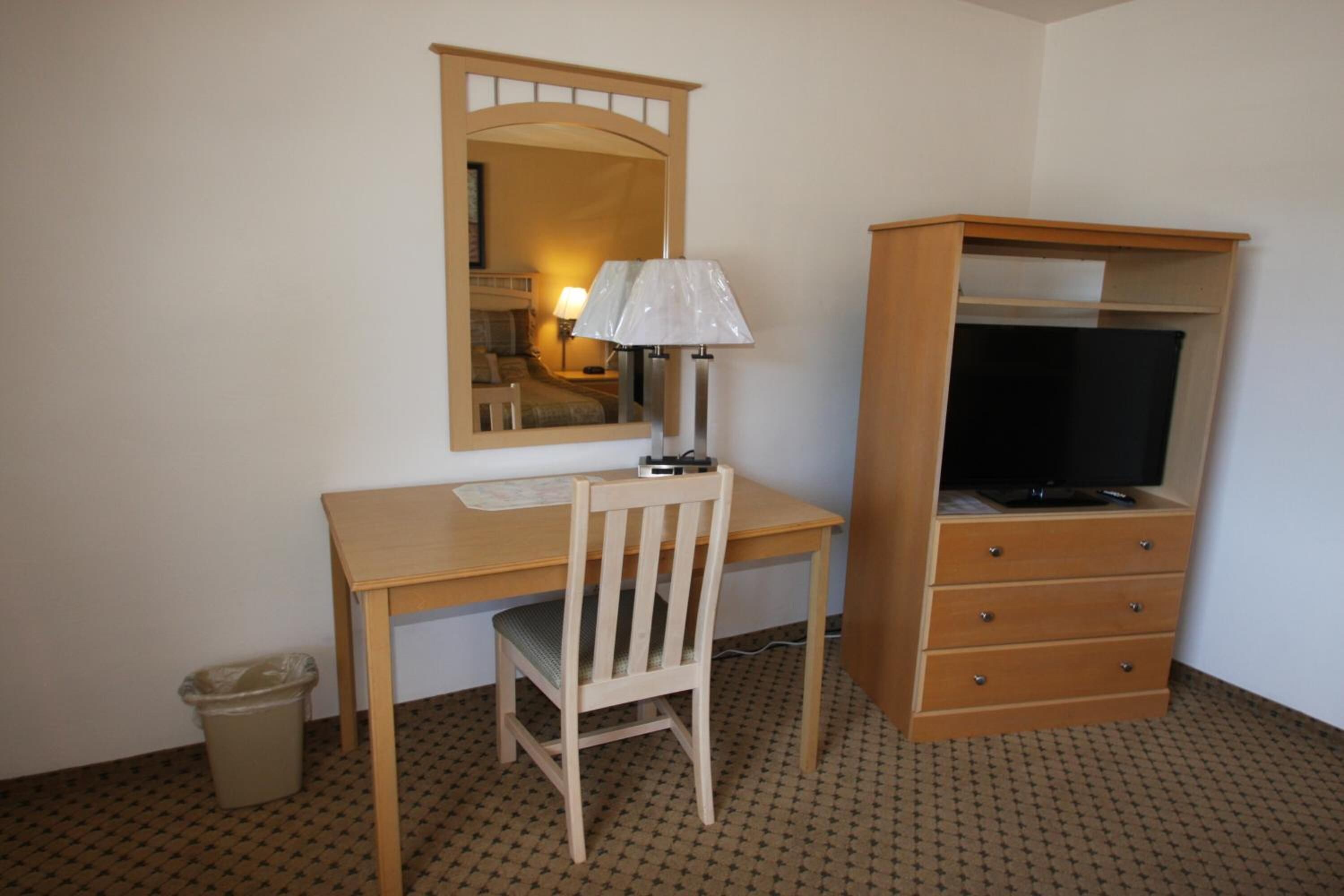 A hotel room with a wooden desk, a chair, a television, a mirror, and a trash bin.