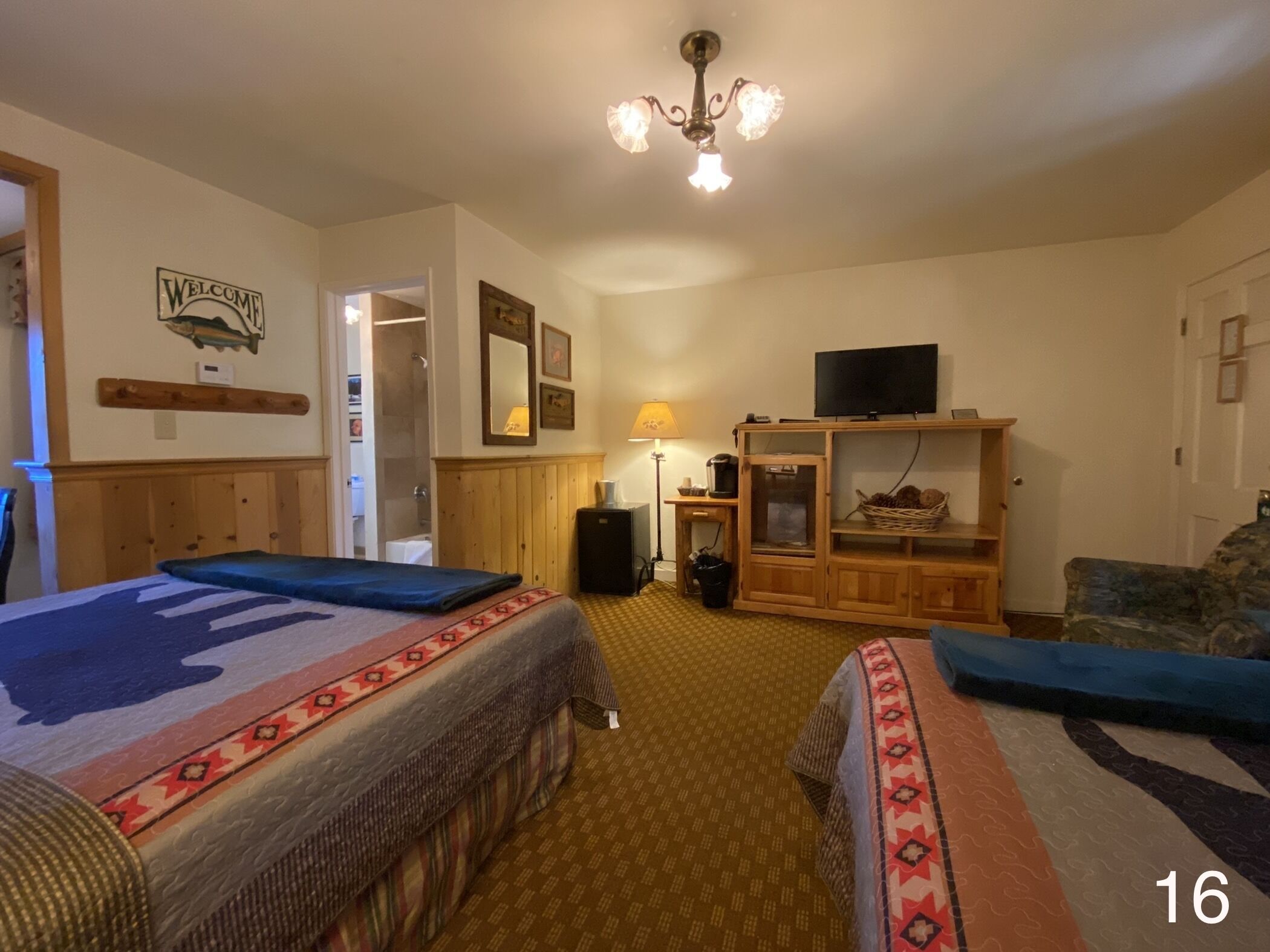 Une chambre d’hôtel avec deux lits, une télévision, une armoire et un espace douche.