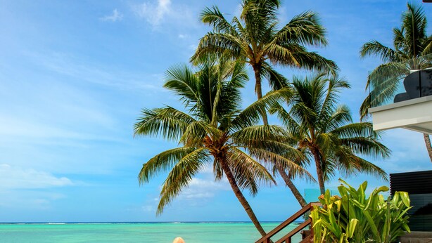 A woman relaxing by a pool with a view of the ocean and palm trees. - Crystal Blue Lagoon Villas (Rarotonga)