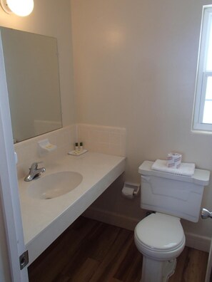 A bathroom with a white sink, mirror, and toilet. - Studio 1 Motel (Daytona Beach)