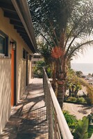 A balcony with a view of the sea, a palm tree, and a building with a tiled floor.