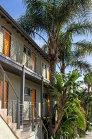 Un edificio de dos pisos con balcones, una palmera y una escalera.