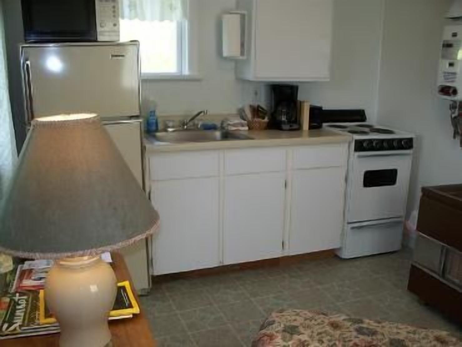 A compact kitchen with a refrigerator, stove, and microwave.