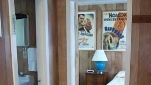 A narrow hallway leading to a bedroom with a bed, a nightstand, and a lamp. There are posters on the wall and a blue recycling bin on the floor. - Valley View Motel (Port Townsend)