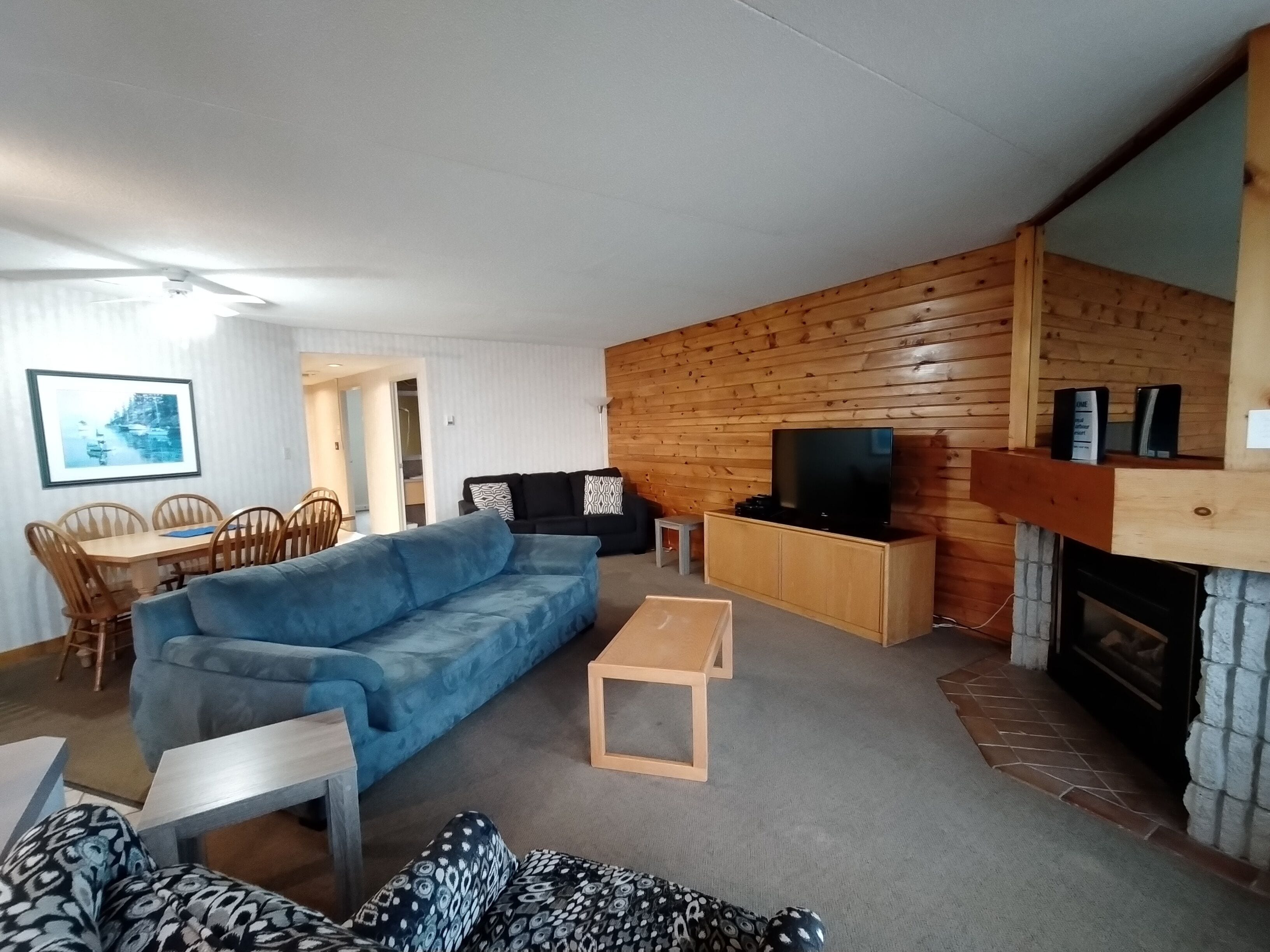 A living room with a blue sofa, wooden walls, a TV, and a fireplace.