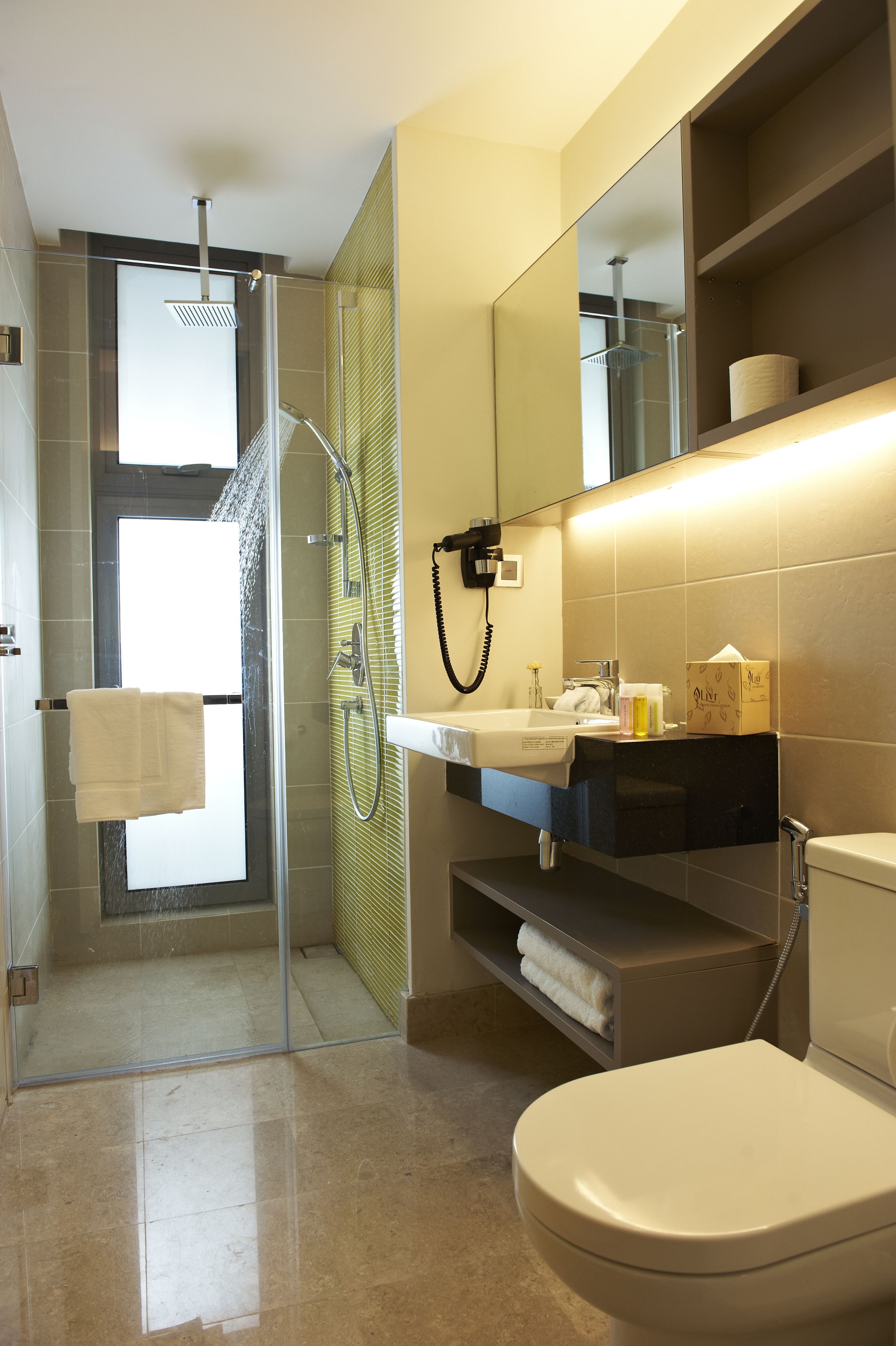 shower, free toiletries, hair dryer, slippers