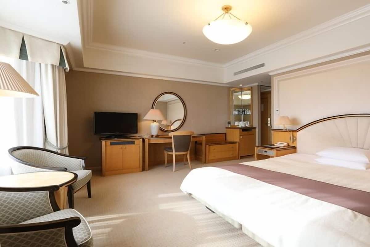 A hotel room with a bed, desk, chair, television, and a mirror.