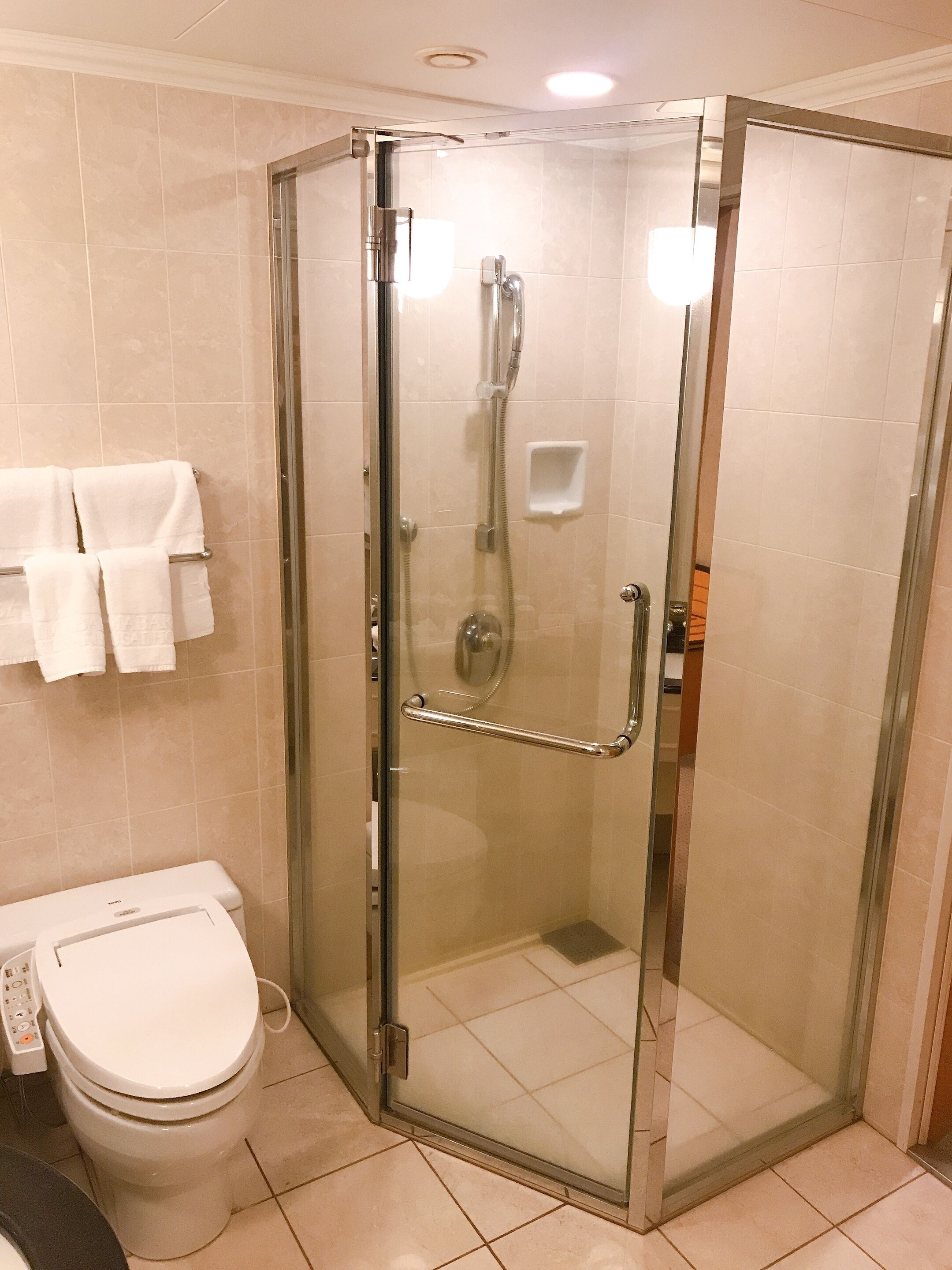 A glass-enclosed shower with a handheld showerhead, a glass door, and a toilet with a control panel.
