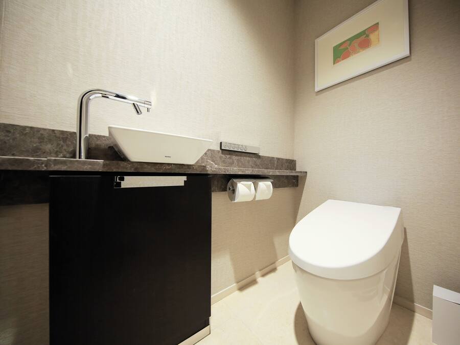 A modern bathroom with a white sink, a black cabinet, a toilet, and a framed picture on the wall.