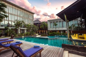 Outdoor pool, pool umbrellas, pool loungers