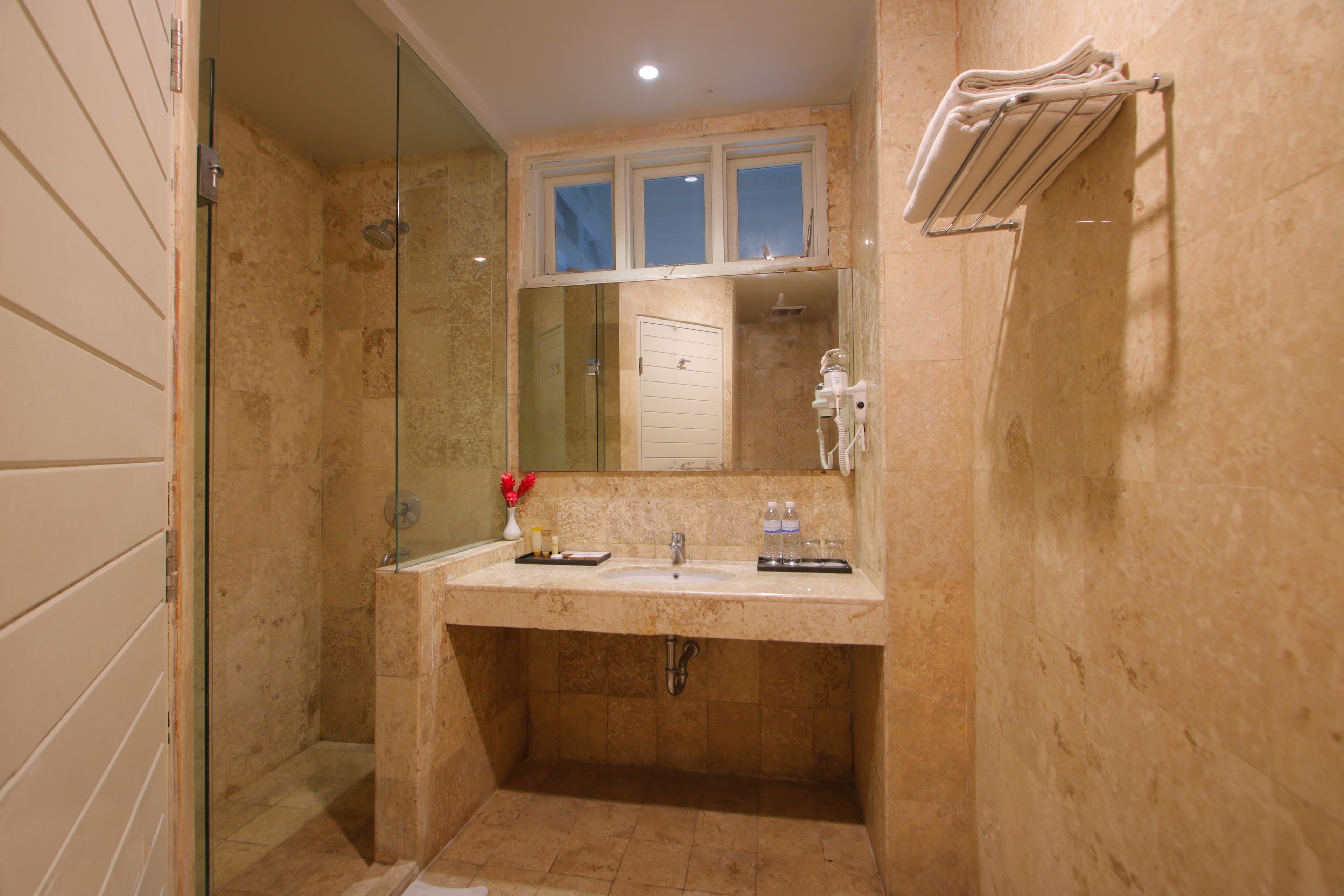 A bathroom with a glass-enclosed shower, a sink with a mirror above it, and a towel rack.