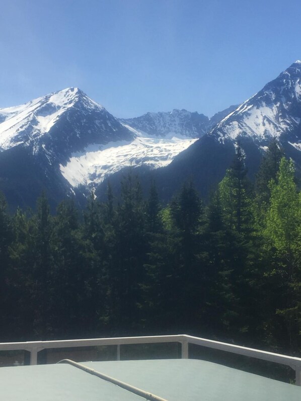 A mountain landscape with snow-capped peaks and a forested foreground. - Silvern Lake Trail Bed & Breakfast (Smithers)