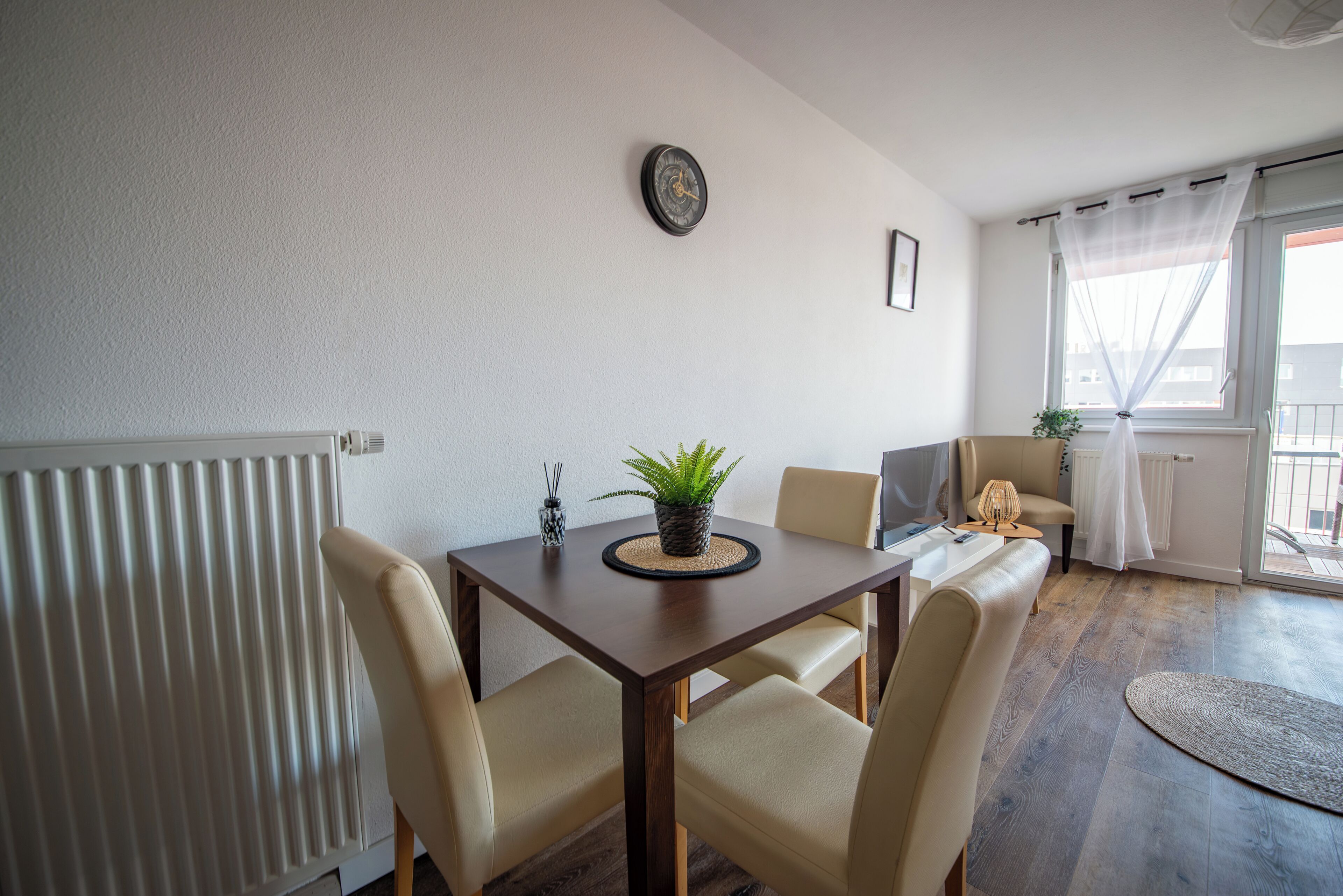A dining area with a table, chairs, a potted plant, and a radiator.