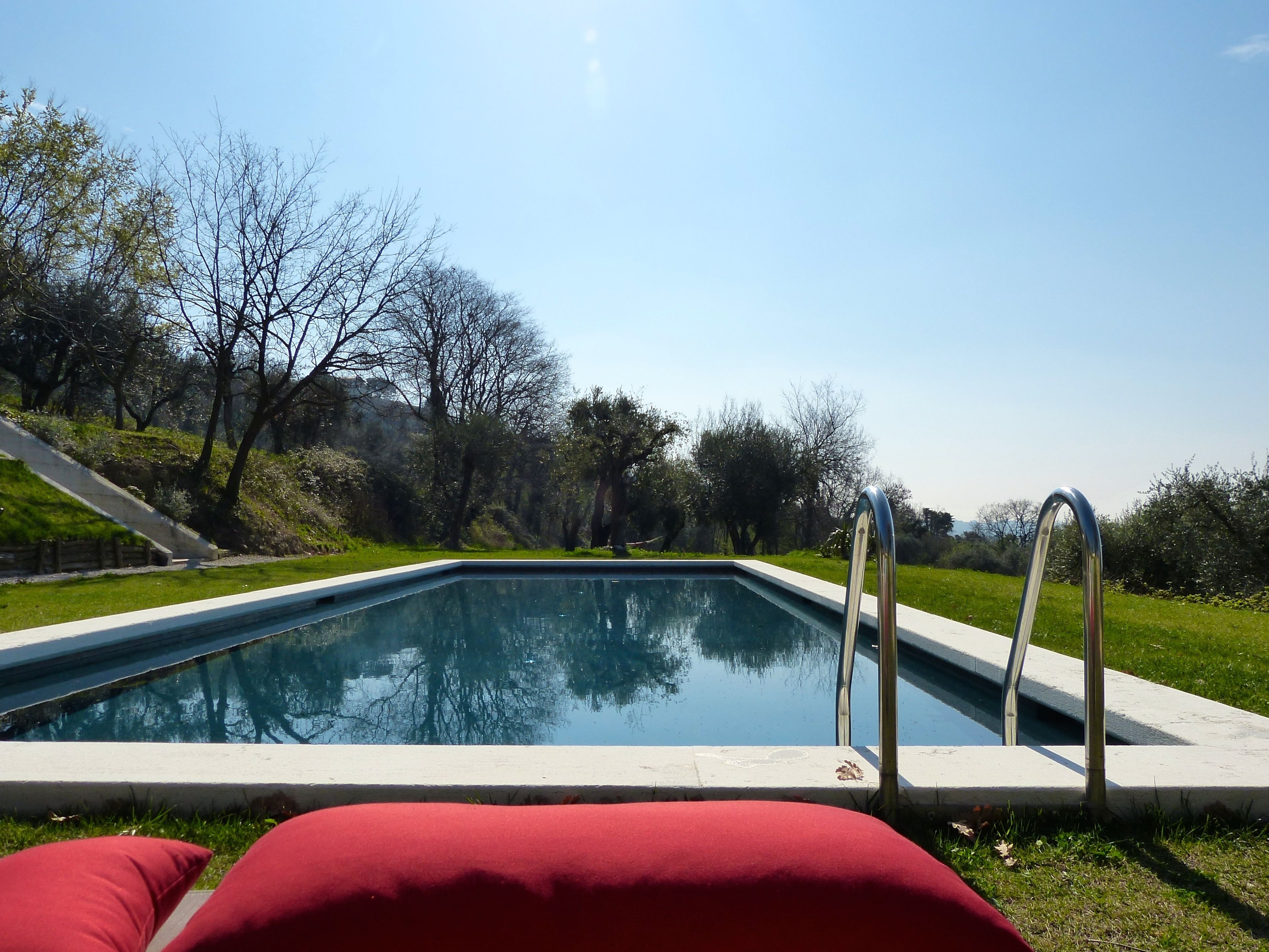 A rectangular swimming pool with metal ladders on both sides, surrounded by grass and trees.