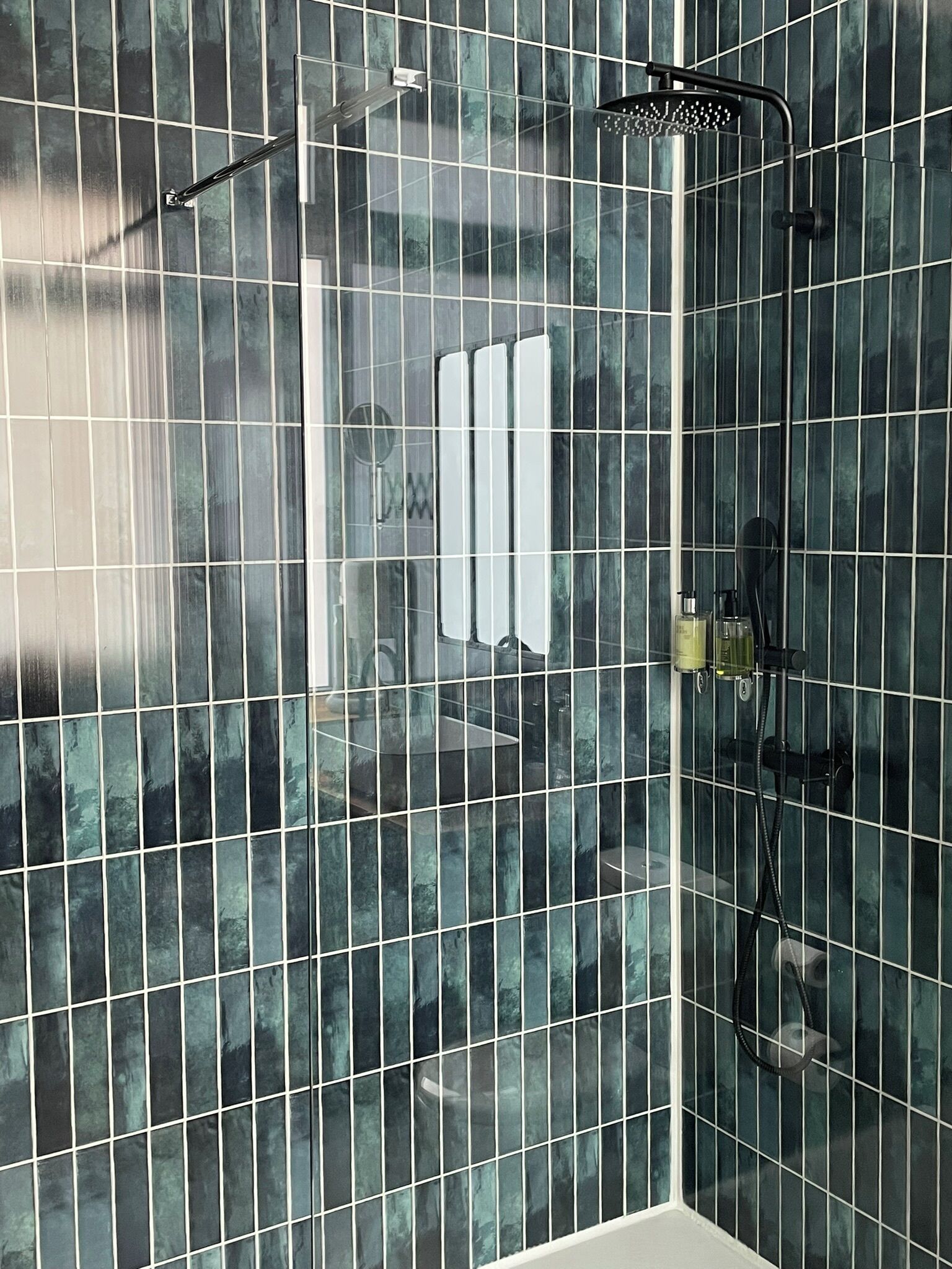 A modern bathroom with a glass shower enclosure, a white sink, and a mirror.