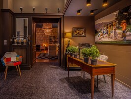 Un pasillo con una zona de bar, un área de estar con una silla estampada, una mesa de madera con plantas en macetas y un cuadro en la pared.