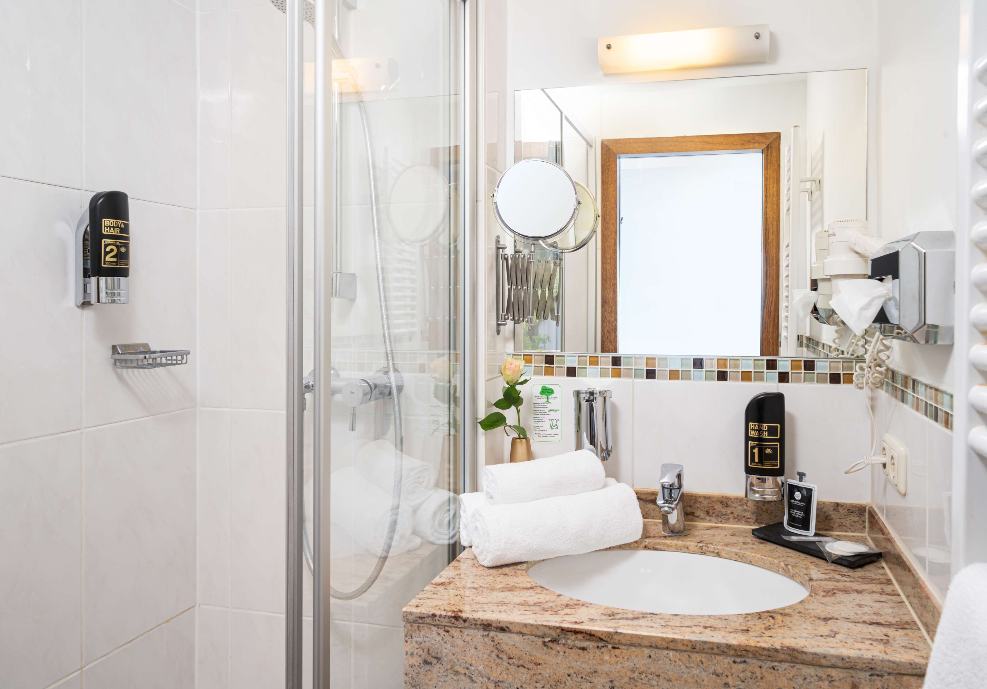 standard double room | bathroom | hair dryer, towels