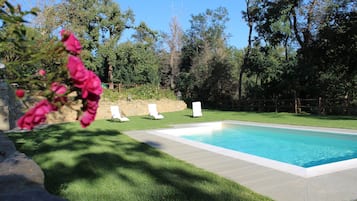 Piscine extérieure, chaises longues