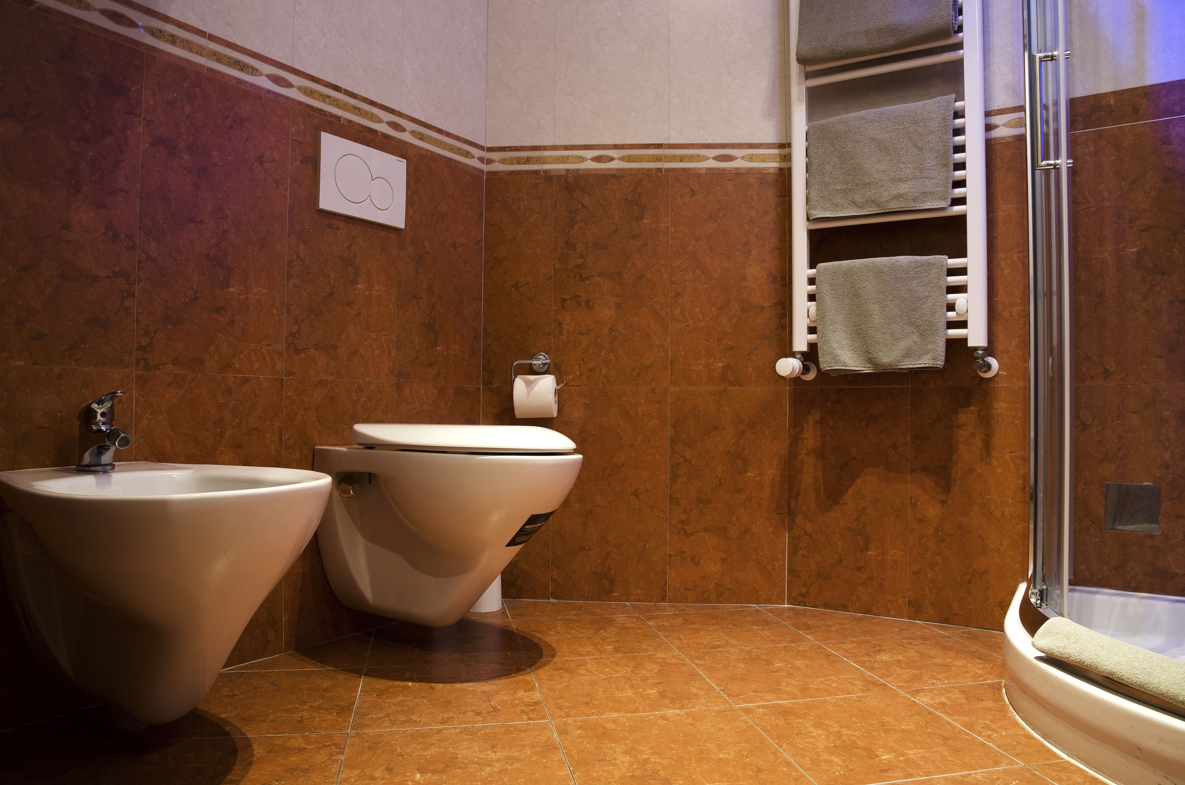 A bathroom with a bidet, toilet, and a glass shower enclosure.