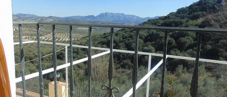 A balcony with a view of a mountainous landscape, a white railing, and a wicker chair.