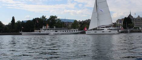 A sailboat with a white sail on a calm body of water, surrounded by buildings and trees in the background.
