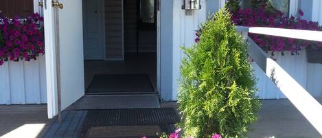 A building entrance with a wooden deck, a metal door, and potted plants with flowers.
