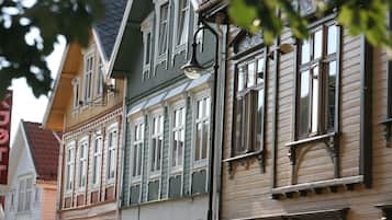 Una hilera de edificios tradicionales de estilo europeo con características arquitectónicas notables, como marcos de ventanas ornamentados y diversos tipos de tejados.