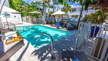 Outdoor pool, pool umbrellas, sun loungers