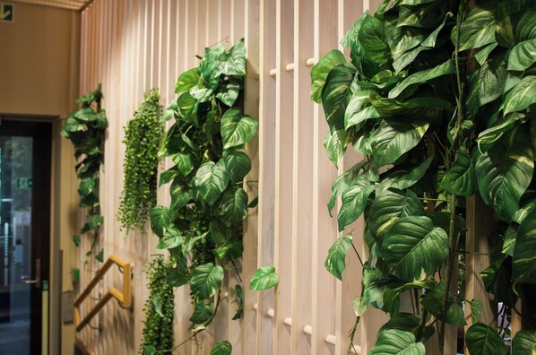 Una pared con jardines verticales.