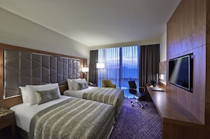 A hotel room with two beds, a desk, a TV, and a view of the city.