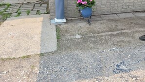 Une entrée d’immeuble avec une pancarte indiquant « OUVERT », une boîte aux lettres et un pot de fleurs.