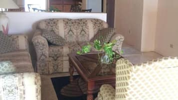 A living room with patterned sofas, a coffee table, and a kitchen in the background.