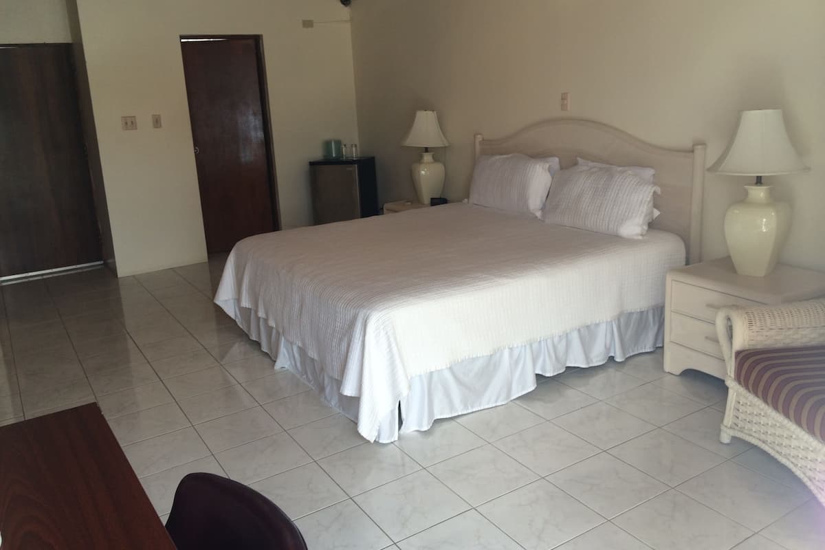 Quarto com uma cama grande, duas mesas de cabeceira com luminárias, um armário pequeno e uma porta.
