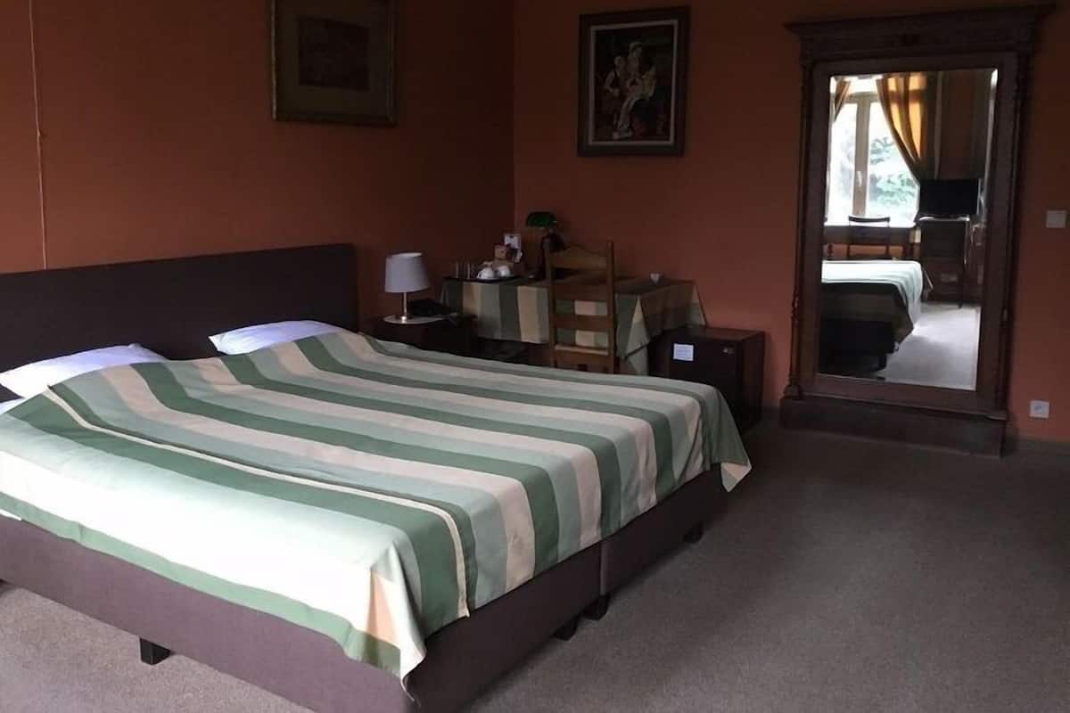 Una habitación de hotel con una cama grande, un escritorio, una silla y un espejo.
