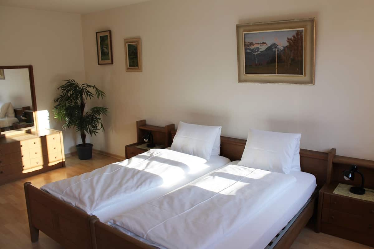 A double bed with white linens, a nightstand with a lamp, a dresser, a potted plant, and a framed picture on the wall.