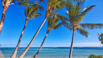 On the beach, white sand, sun-loungers, beach umbrellas