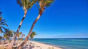 Una playa con palmeras y un cielo azul despejado.