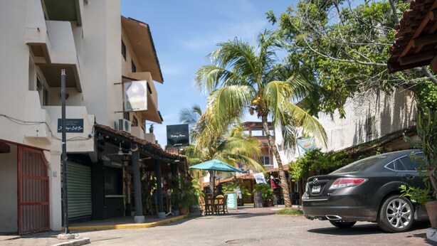 Vista de la calle con un auto estacionado, palmeras y edificios con letreros.