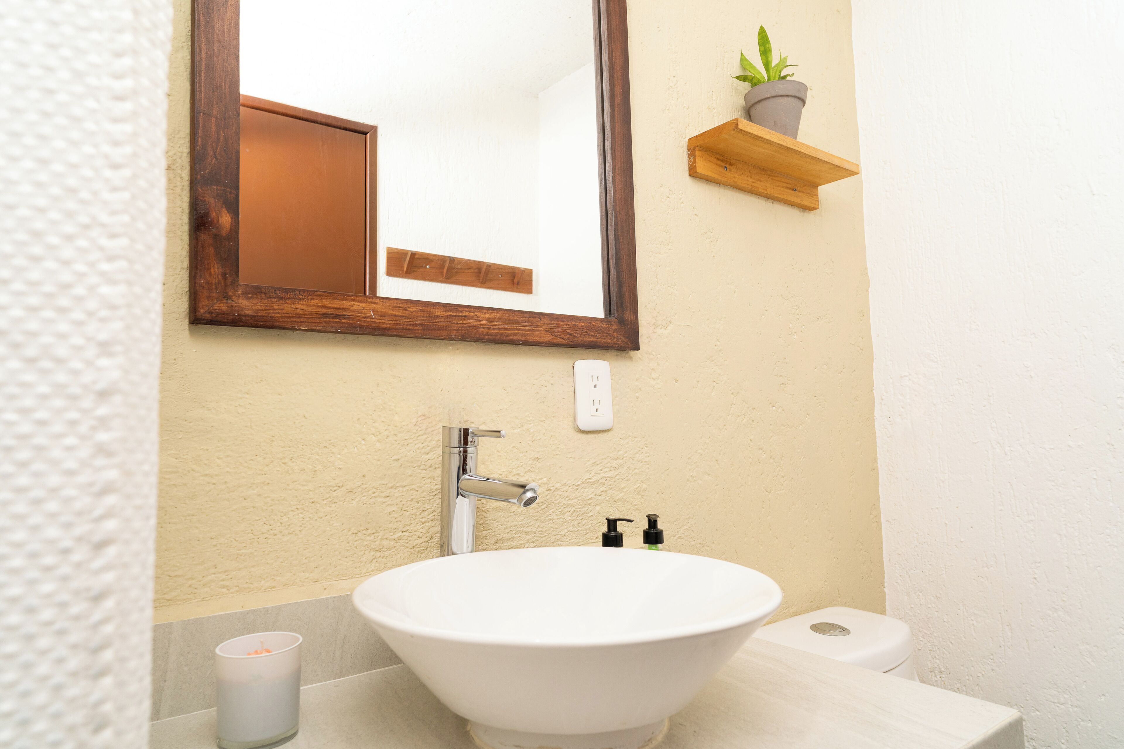 Une salle de bain avec un lavabo blanc, un miroir avec un cadre en bois, une petite étagère avec une plante et des toilettes.