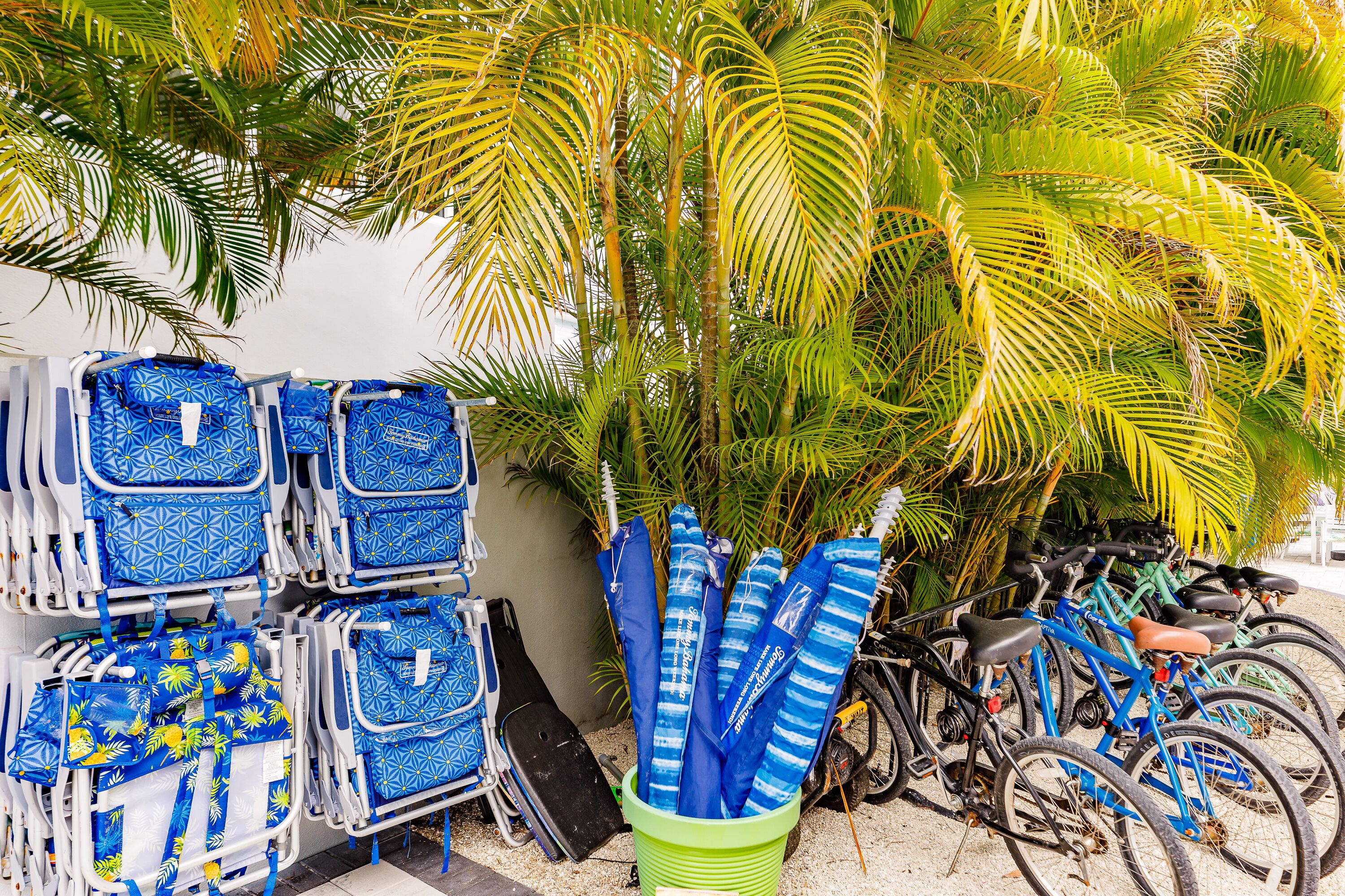 A row of blue and white patterned bags and bicycles parked under palm trees.