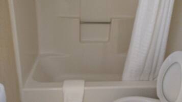 A bathroom with a toilet and a bathtub.
