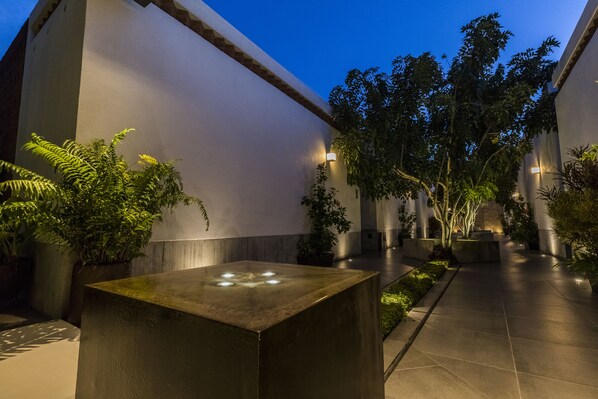 Un patio moderno con fuente central, rodeado de plantas y árboles en macetas, e iluminado con luz ambiental.