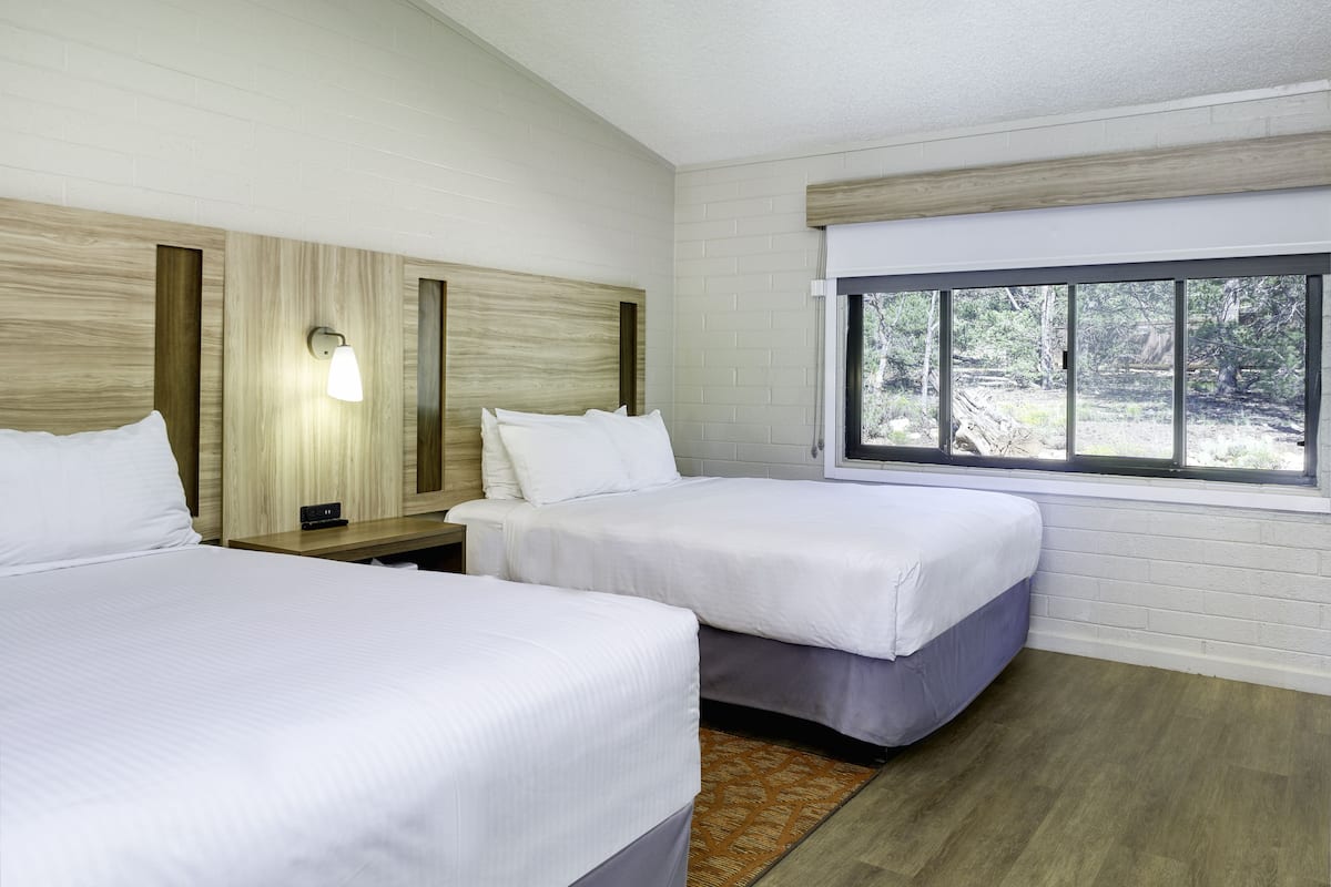 Habitación de hotel con dos camas, una mesita de noche con lámpara, ventana con vistas a árboles y suelo de madera.